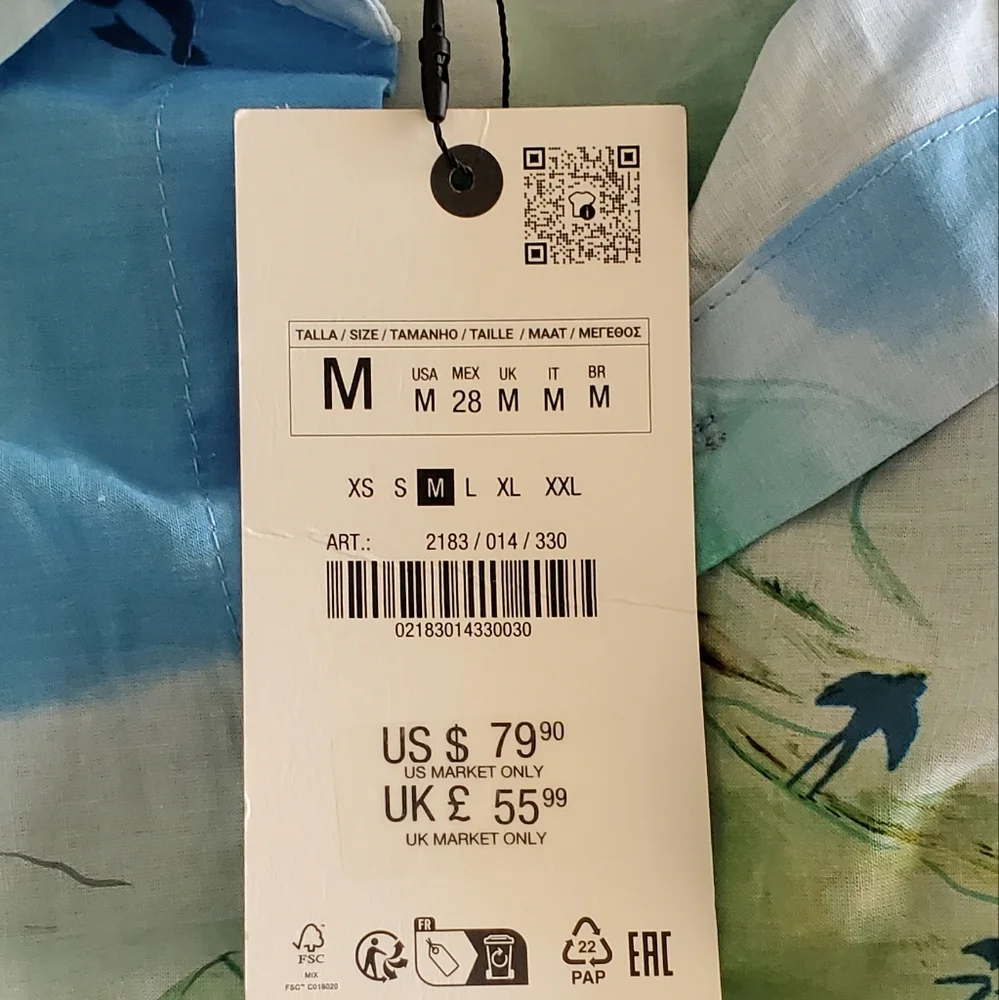 Zara Japanese Nature Watercolor Bird Print belted Midi Shirt Dress NWT 2183/014 - Picture 10 of 11